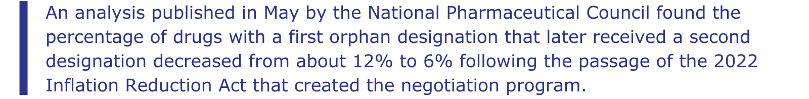 An analysis published in May by the National Pharmaceutical Council found the percentage of drugs with a first orphan designation that later received a second designation decreased from about 12% to 6% following the passage of the 2022 Inflation Reduction Act that created the negotiation program.