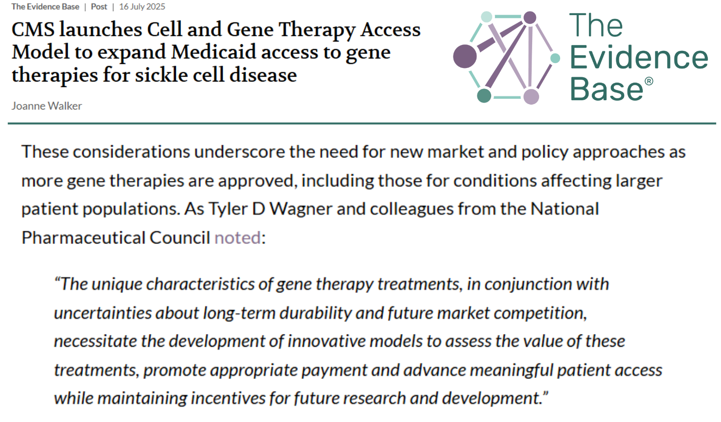 As Tyler D Wagner and colleagues from the National Pharmaceutical Council noted: “The unique characteristics of gene therapy treatments, in conjunction with uncertainties about long-term durability and future market competition, necessitate the development of innovative models to assess the value of these treatments, promote appropriate payment and advance meaningful patient access while maintaining incentives for future research and development.”