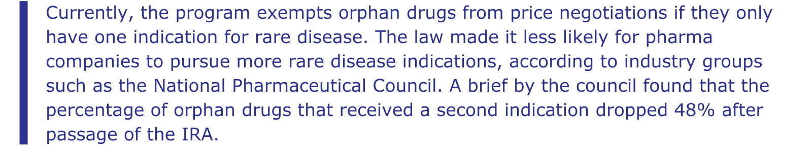 Currently, the program exempts orphan drugs from price negotiations if they only have one indication for rare disease. The law made it less likely for pharma companies to pursue more rare disease indications, according to industry groups such as the National Pharmaceutical Council. A brief by the council found that the percentage of orphan drugs that received a second indication dropped 48% after passage of the IRA.