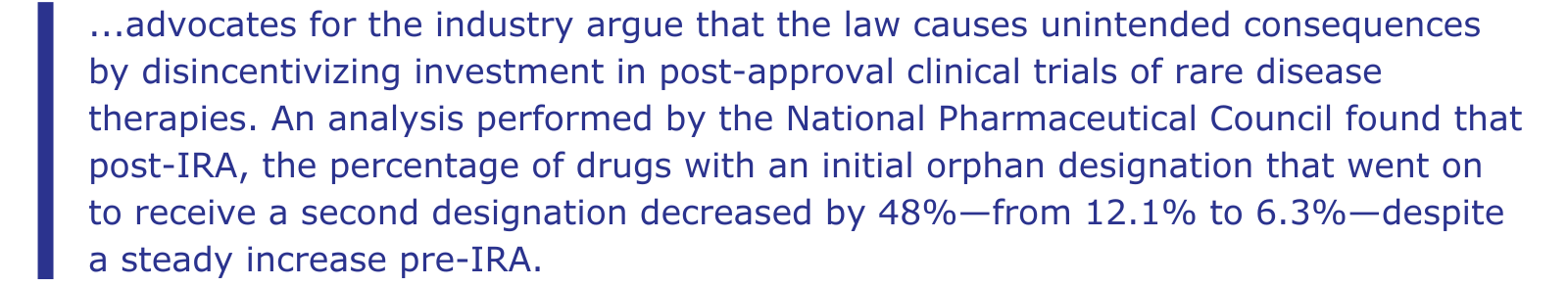 ...advocates for the industry argue that the law causes unintended consequences by disincentivizing investment in post-approval clinical trials of rare disease therapies. An analysis performed by the National Pharmaceutical Council found that post-IRA, the percentage of drugs with an initial orphan designation that went on to receive a second designation decreased by 48%—from 12.1% to 6.3%—despite a steady increase pre-IRA.